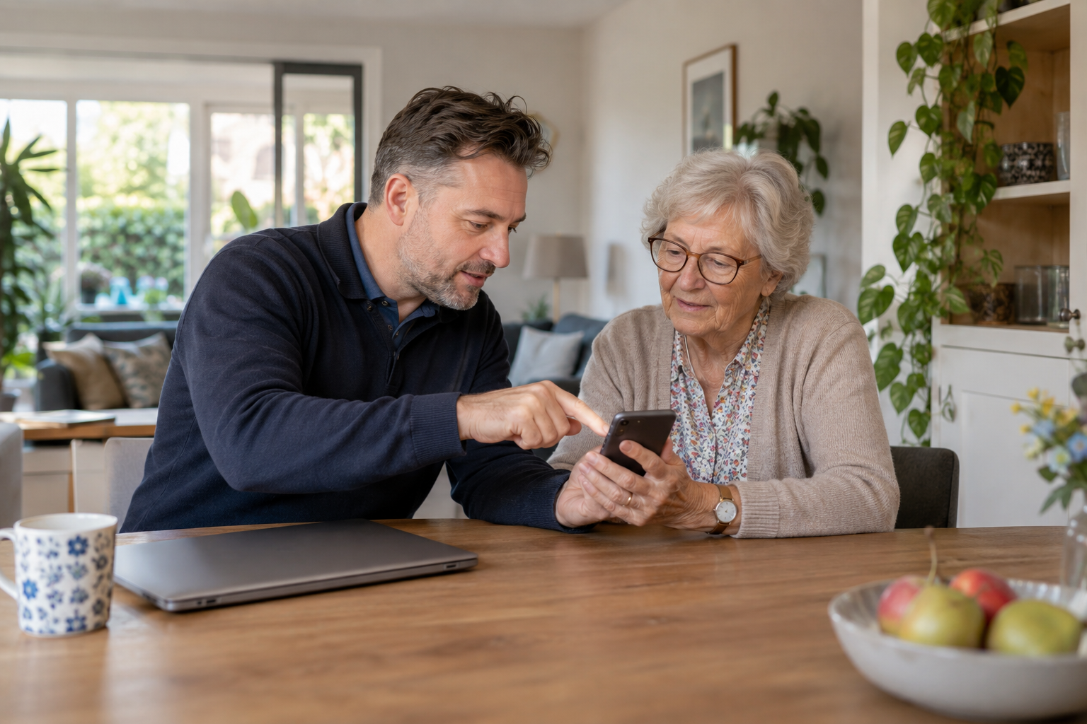 IT-hulpverlener legt smartphone-instellingen uit aan een klant thuis